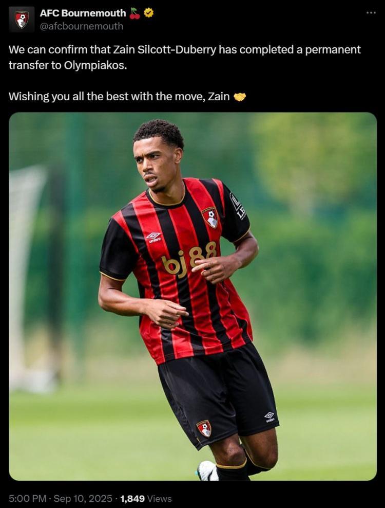 开云官网-官方:伯恩茅斯20岁边锋杜伯里永久转会至奥林匹亚科斯